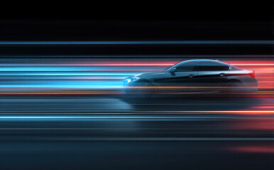 High - speed car with light trails showing dynamic motion