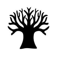 Silhouette of a bare tree with spreading branches against a white background