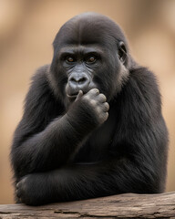 Obraz premium Thoughtful young gorilla with curious expression rests on log, a gentle giant with soulful eyes