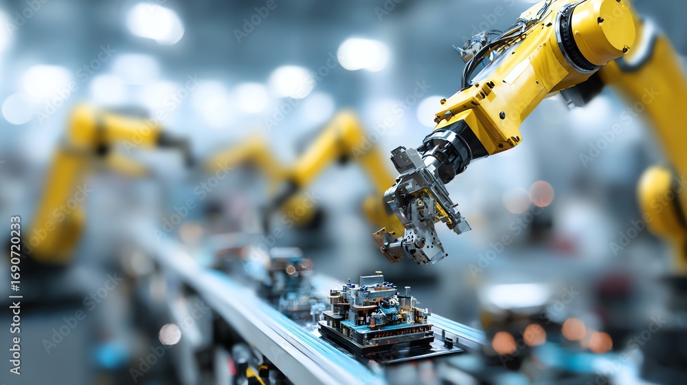 Poster a robotic arm precisely assembles a complex circuit board on a conveyor belt within a modern, automa