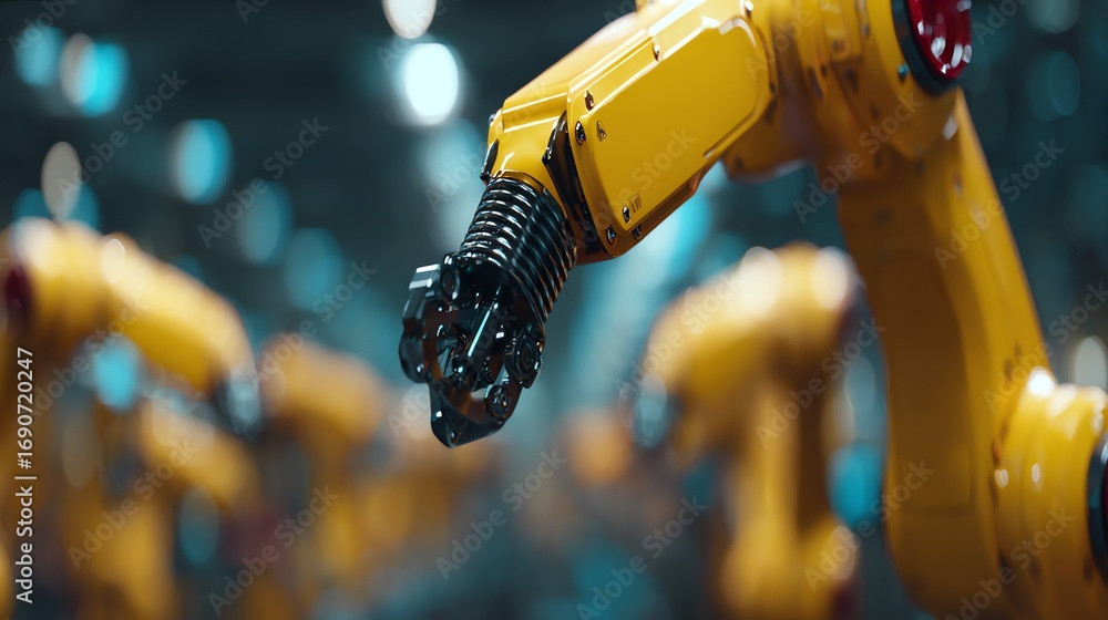 Poster a close-up view showcases a bright yellow robotic arm in a factory setting, emphasizing automation a