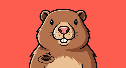 Cute Cartoon Groundhog with Burrow Hole on Chest.
