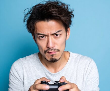 Focused adult male gamer holds a controller, displaying a determined and serious expression against a backdrop of light blue.