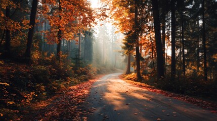 Fototapeta premium Curved forest road covered with fallen leaves in autumn season, surrounded by colorful trees and sunlight shining through branches.