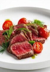 Sliced grilled beef tenderloin steak with cherry tomatoes and fresh dill on a white plate.