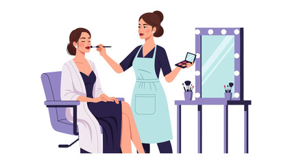Professional makeup artist applying cosmetics to a woman sitting in a chair in a beauty salon with a vanity mirror