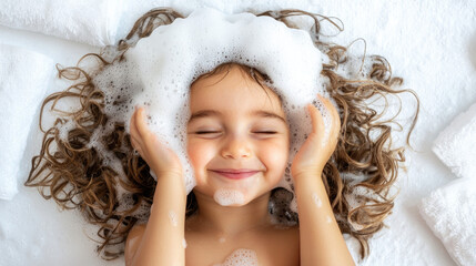 Joyful child with curly hair enjoys bubble bath, smiling and playing with foam. scene captures essence of happiness and innocence during bath time