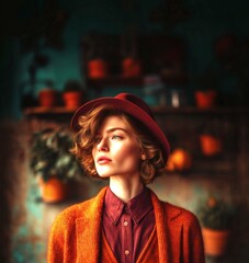 Obraz premium Portrait of woman in autumn outfit wearing hat and layered knitwear, looking away with thoughtful expression, against rustic background with plants.