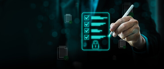 Cybersecurity compliance and digital data protection concept with businessman using stylus to complete checklist on hologram interface ensuring secure document management system