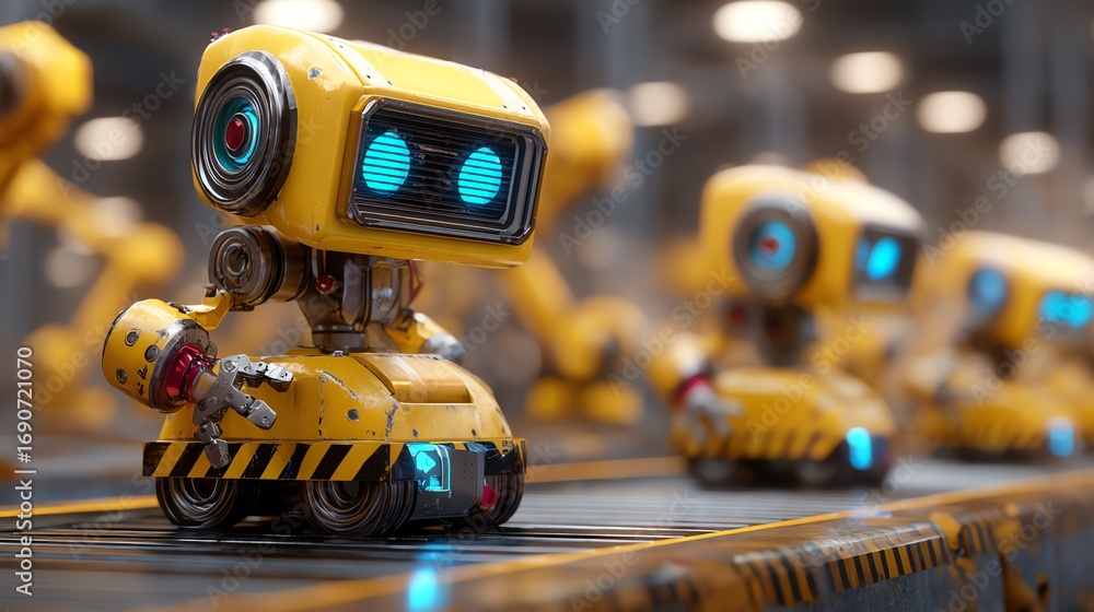 Poster a charming, diminutive robot with glowing blue optics navigates a busy industrial assembly line, sho