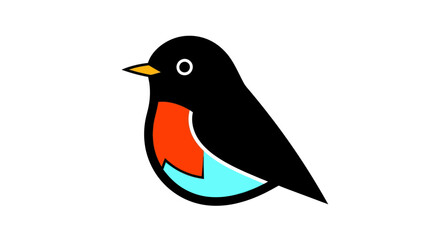 Cute cartoon robin bird with black red and blue feathers.