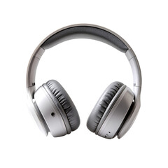 Light gray over-ear headphones, angled slightly downward.  Soft, padded earcups and headband.  Front view, isolated on black background