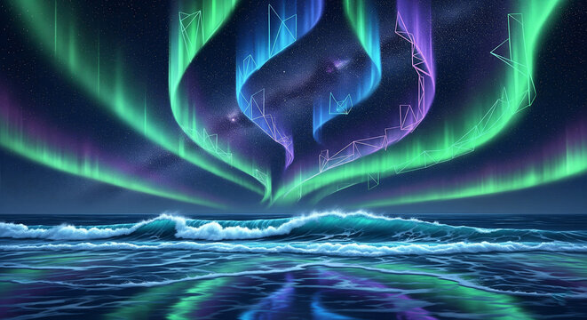 A digital fantasy illustration of the aurora borealis over the ocean with a plexus network overlay