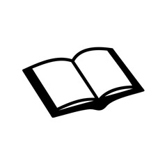 Black and white simple illustration of open book against white background