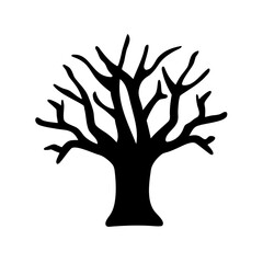 Silhouette of a tree with bare branches against a white background