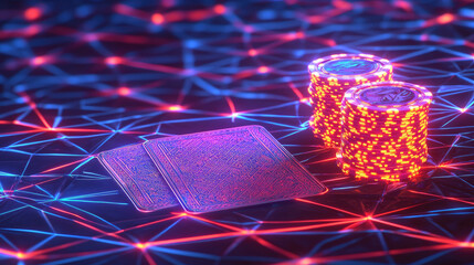 Vibrant poker chips and playing cards rest on glowing, geometric surface, creating electrifying atmosphere perfect for gaming. colorful lights enhance excitement of scene