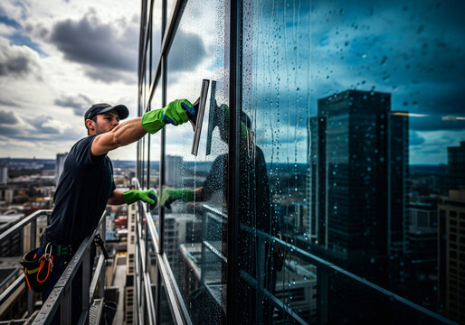 A professional window washer with a squeegee cleaning a skyscraper against a dramatic cloudy sky