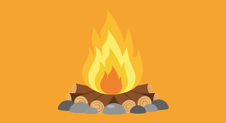 Campfire with burning logs and surrounding rocks.
