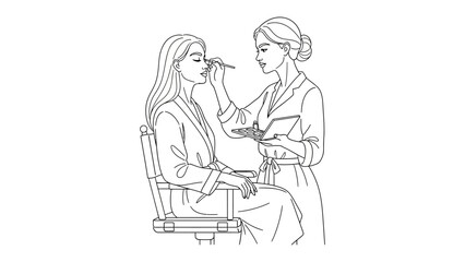 Two women applying makeup and skincare in a beauty salon or spa with towels wrapped around their heads