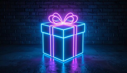 neon gift box with blue outline and pink ribbon on dark brick wall background