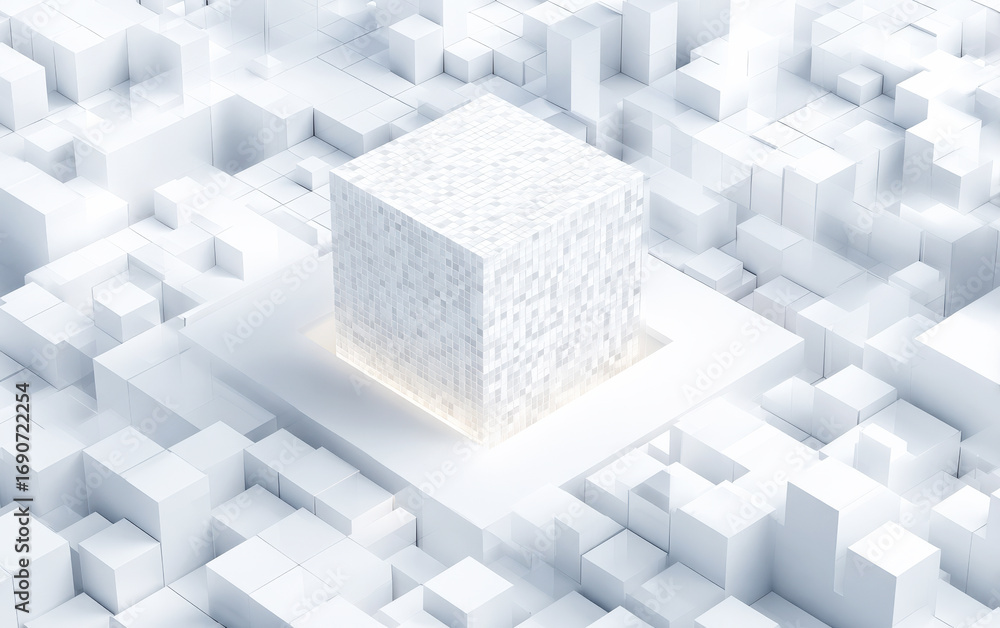Poster abstract white cube structure with surrounding geometric shapes