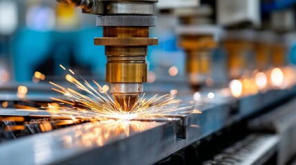 Metalworking factory in action with sparks flying from welding process at manufacturing site