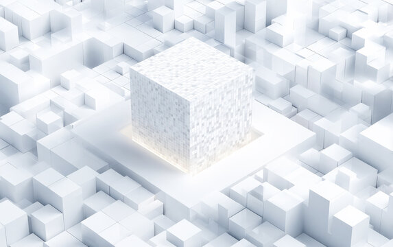 Abstract white cube structure with surrounding geometric shapes