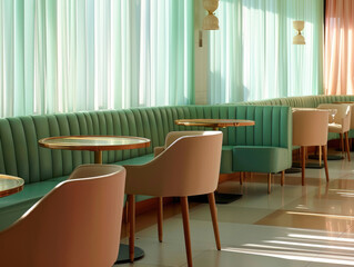 Bright casino bar featuring pastel colored furniture, with cozy atmosphere created by soft lighting and elegant design. seating arrangement invites relaxation and social interaction