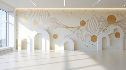 A serene and minimalist interior design featuring an abstract gold and white wall mural, complemented by elegant arched niches, creating a sophisticated and calming atmosphere.