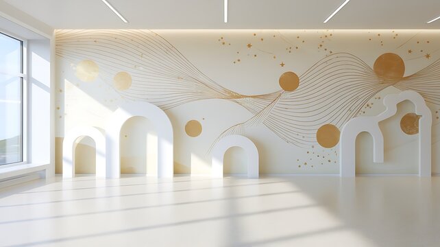 A serene and minimalist interior design featuring an abstract gold and white wall mural, complemented by elegant arched niches, creating a sophisticated and calming atmosphere.
