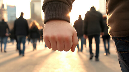 Clenched fist stands out against bustling city backdrop, symbolizing determination and strength. sun sets behind, casting warm glow on scene filled with people walking