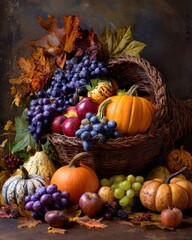Vibrant Autumn Harvest Display with Pumpkins, Grapes, Apples, and Colorful Fall Leaves