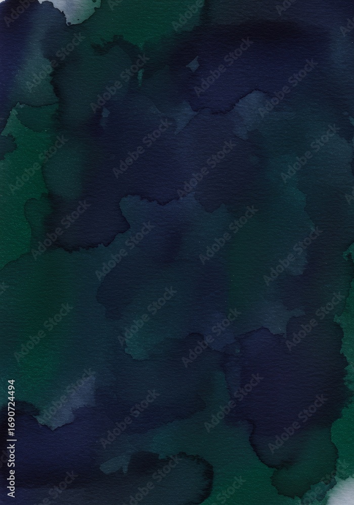 Poster Watercolor abstract texture with dark blue and green blobs. Artistic backdrop for creative design and wallpaper.