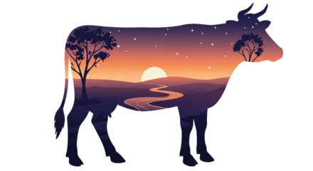 Double Exposure Cow Silhouette with Sunset Landscape and River Scene
