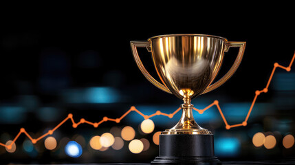 Golden trophy stands prominently against blurred background of business graphs and glowing lights, symbolizing achievement and success in competitive environment