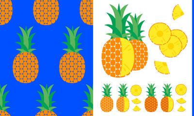 Vector seamless pineapple pattern with whole fruits and slices
