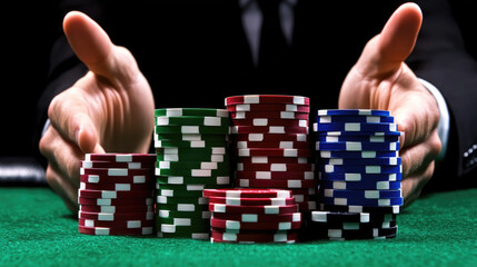 High stakes poker tournament with professional player showcasing stack of colorful chips on green felt table, creating atmosphere of excitement and tension