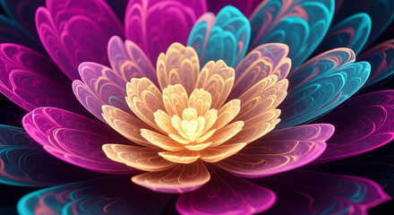 A beautiful, abstract fractal flower with glowing and intricate pink, blue, and yellow petals
