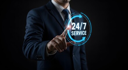 Businessman Touching 24/7 Service Icon with Arrows, Business Support Concept