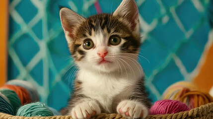 Playful kitten exploring basket of colorful yarn, showcasing its curious nature and adorable features. vibrant background enhances joyful atmosphere of this delightful scene