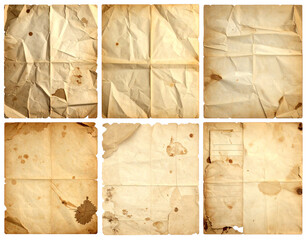 Collection of Old Parchment Sheets with Fold Marks and Burnt Stains