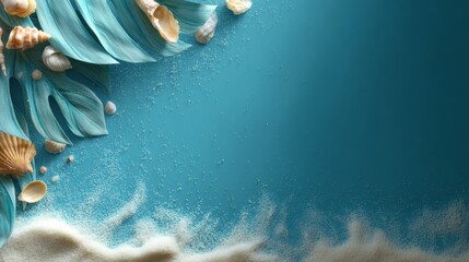 Serene beach theme with stylized waves made from grains, vibrant tropical leaves,