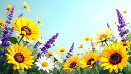 Summer wildflower meadow with sunflowers, lavender, and daisies