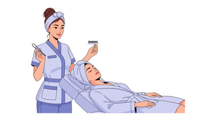 Professional beautician in uniform and headband applying facial treatment to a relaxed woman in a bathrobe