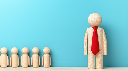 Wooden figures representing leadership and teamwork, showcasing larger figure in red tie standing confidently in front of smaller figures against bright blue background