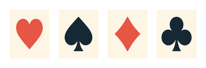 Obraz premium Playing card suits set with heart, spade, club, diamond in flat minimal style. Vector symbols for casino, poker, gambling, game design.