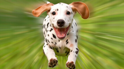 Playful Dalmatian puppy runs joyfully through grassy field, showcasing its energetic spirit and excitement. motion blur emphasizes its speed and liveliness, creating vibrant scene