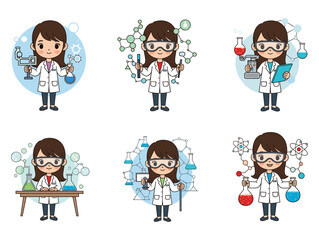 Cute female scientist cartoon illustration with lab coat, chemistry equipment, science experiment, molecular structure, laboratory background