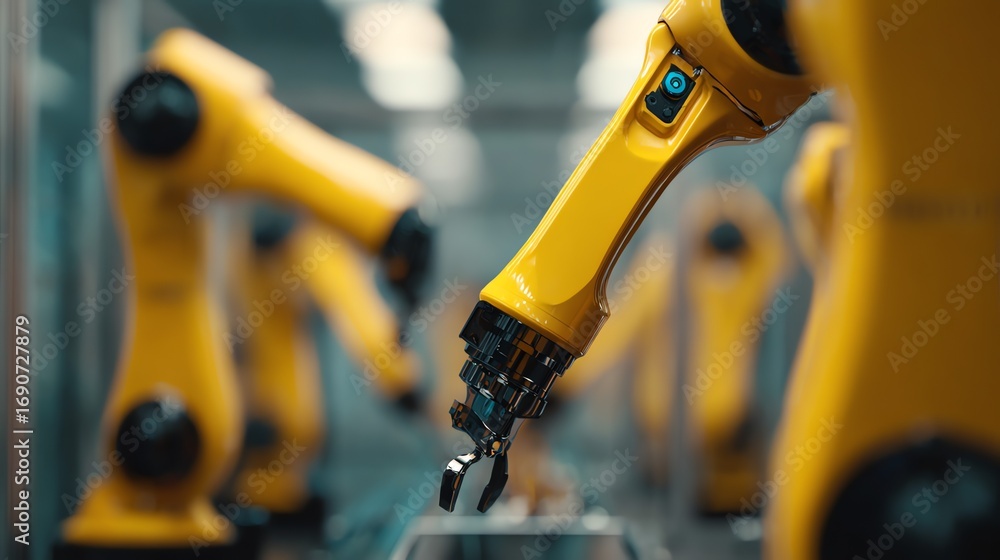 Poster a close-up view showcases a vibrant yellow robotic arm with a precise gripper, suggesting automated 