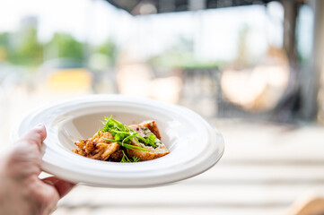 Close-up of a hand holding a white plate with grilled meat garnished with herbs and microgreens,...